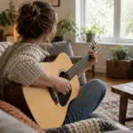 Adult beginner practicing acoustic guitar on a sofa by a window