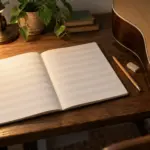 Blank staff-lined notebook and pencil on a desk beside an acoustic guitar