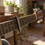 Capo clamped on the neck of an acoustic guitar