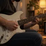 Hands playing an electric guitar with headphones near a practice amp
