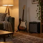 Electric guitar on a stand next to a small practice amp at home