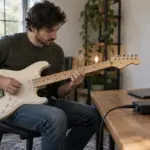 Player with an electric guitar plugged into an audio interface at a home desk