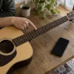 Hand pointing at the fretboard of an acoustic guitar with a phone on the table