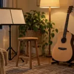Home practice corner with music stand, stool and acoustic guitar on a stand