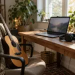 Laptop and headphones on a desk with an acoustic guitar on a chair