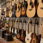 Wall of acoustic and electric guitars in a music shop