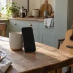 Phone leaning on a mug on a kitchen table with an acoustic guitar behind