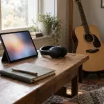 Tablet and headphones on a desk beside an acoustic guitar
