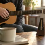 Wooden metronome beside an acoustic guitar with a hand resting on the strings